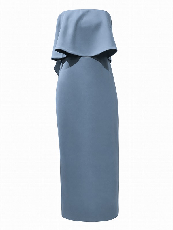 【新品DRESS 4337】バストフリルベアトップストレッチタイトロングドレス ライトブルー【asos】